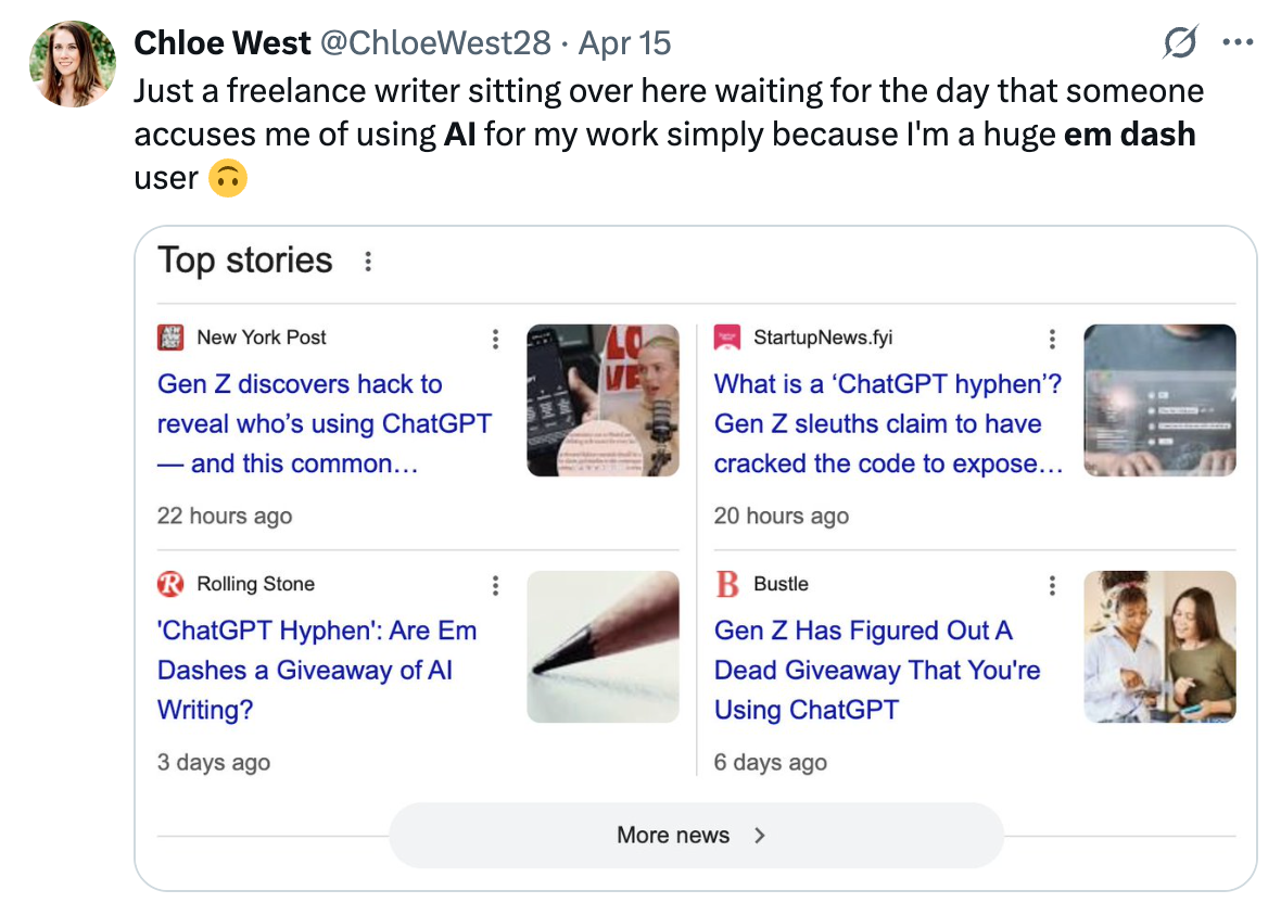 A tweet detailing the conflict between professional writing and Ai use of the em dash.