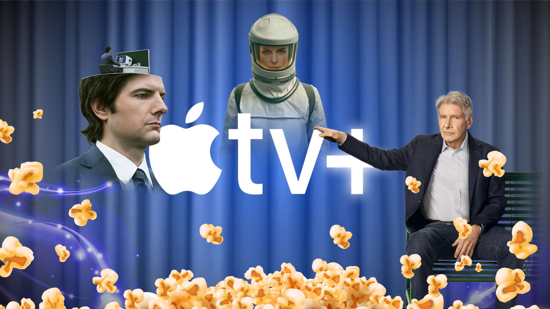 Apple TV+ logo surrounded by scattered popcorn and characters from popular Apple TV+ shows in the background.