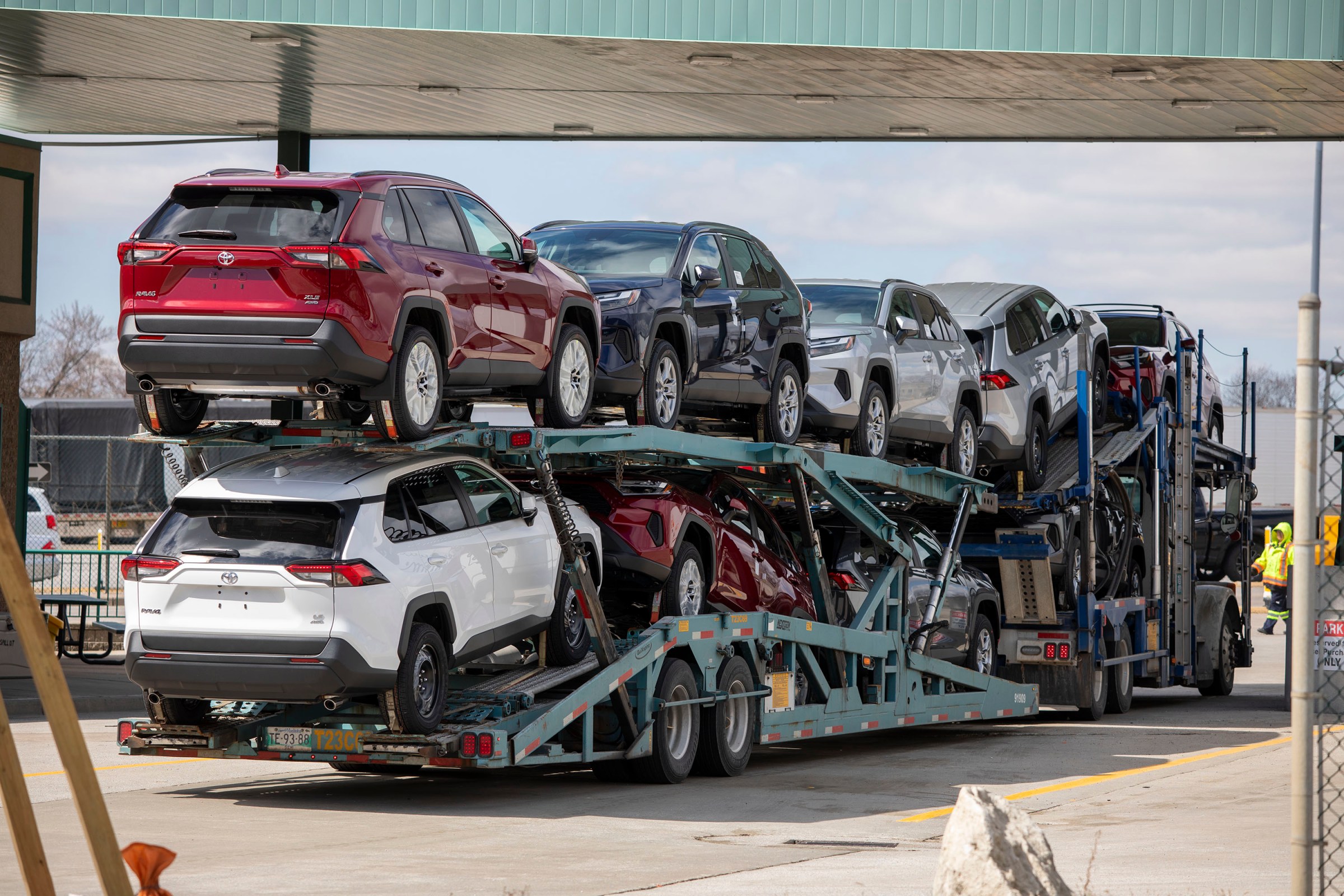 A car hauler truck gasses up at a duty-free station on April 1st, 2025, in Windsor, Canada. 