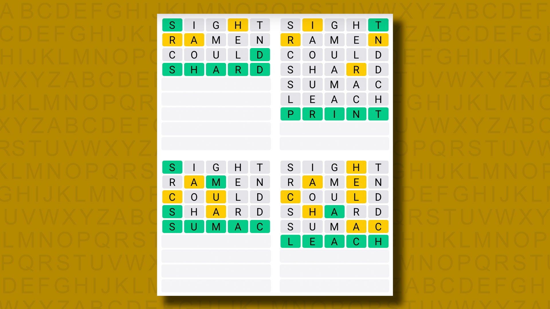 Quordle answers for game 1183 on a yellow background