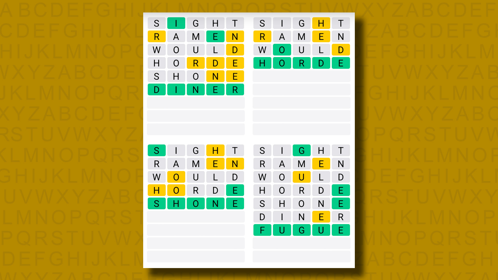 Quordle answers for game 1182 on a yellow background