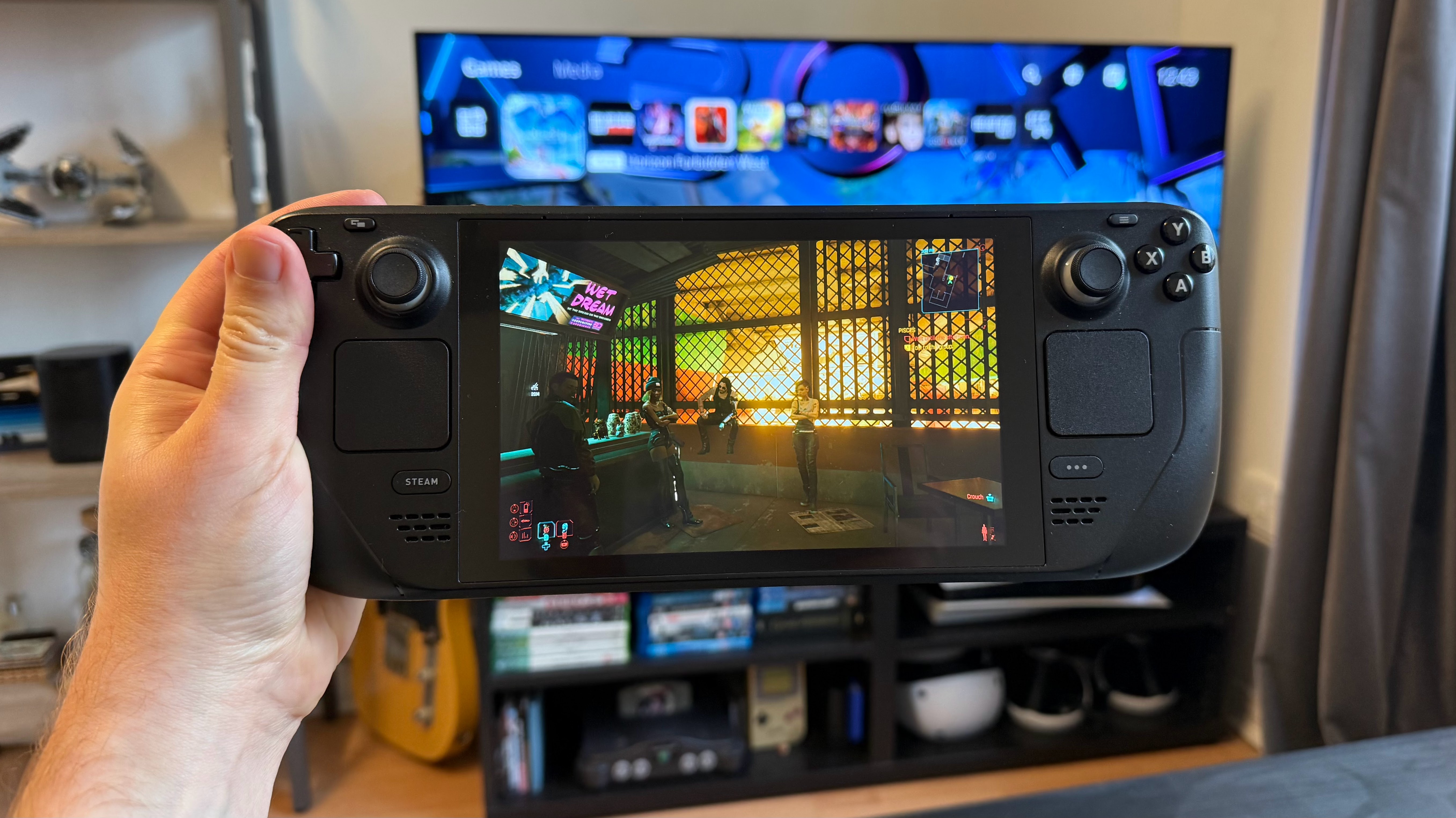 The Valve Steam Deck running Cyberpunk 2077