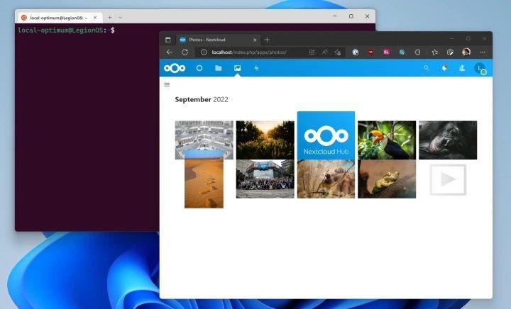 Screenshot of WSL2 and a browser with Nextcloud running