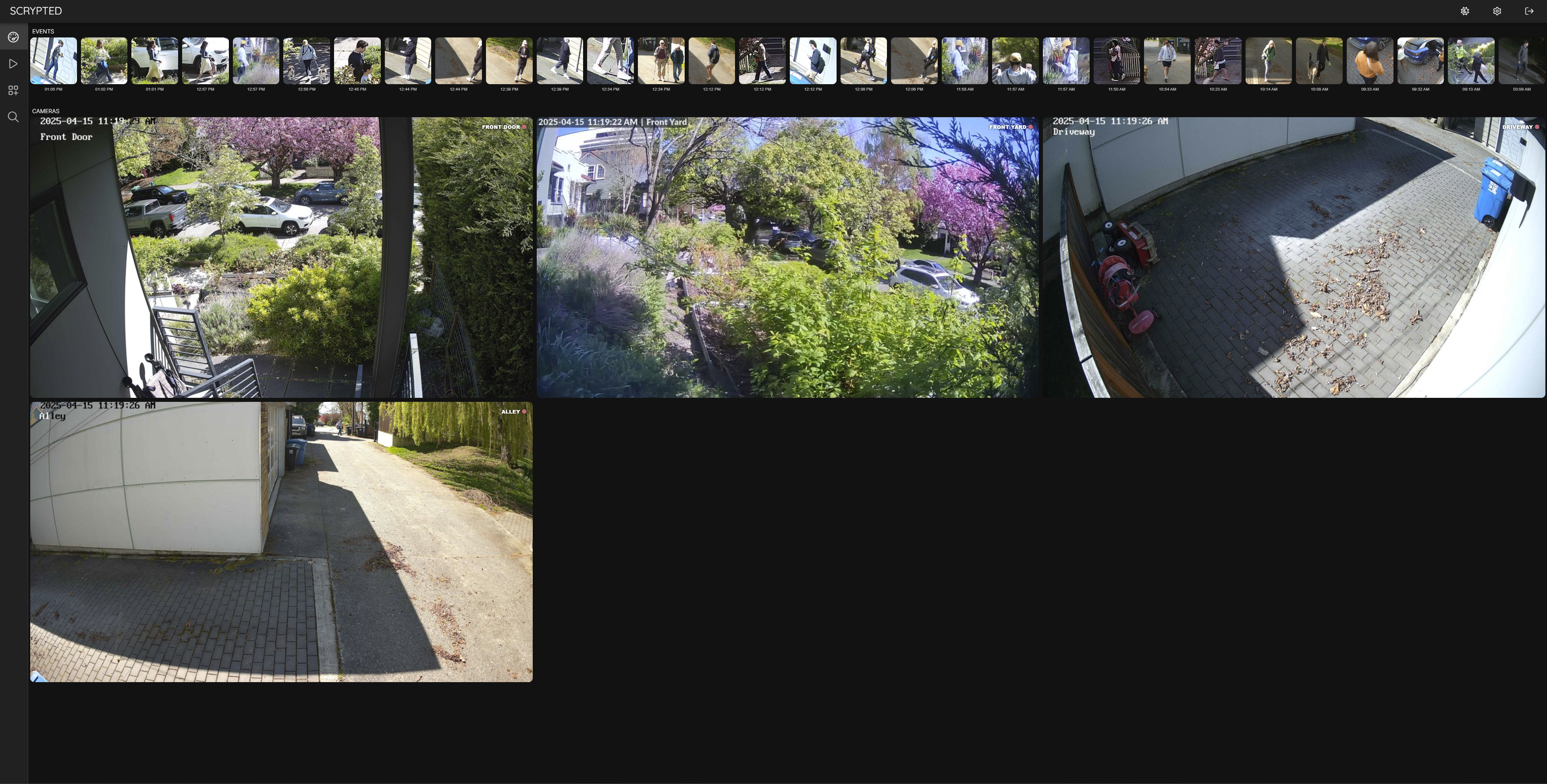 The self-hosted Scrypted NVR app's user interface showing four cameras.
