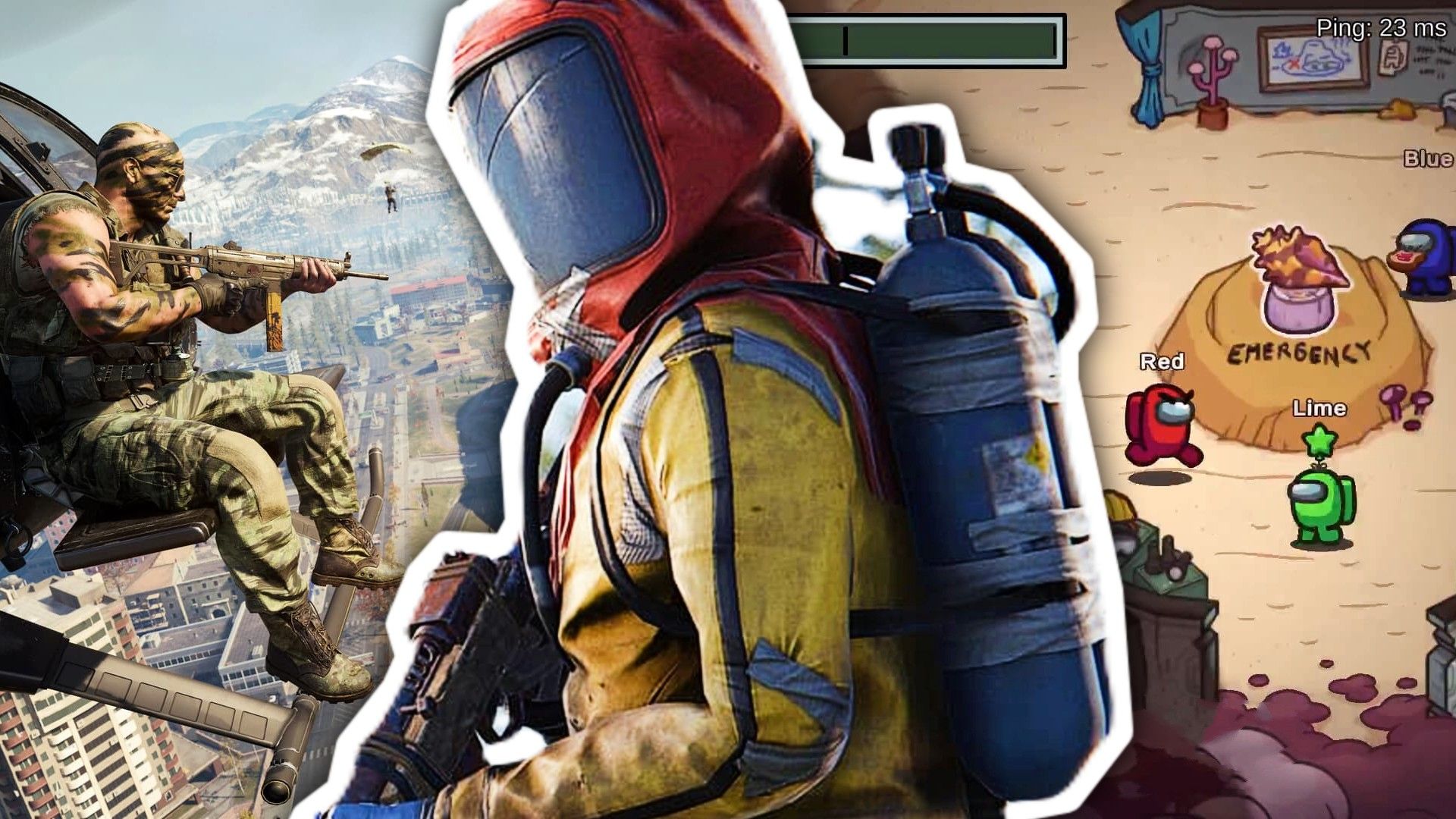 Rust player in full suit In front of a call of duty warzone player in a helicopter and among us characters in a meeting room.