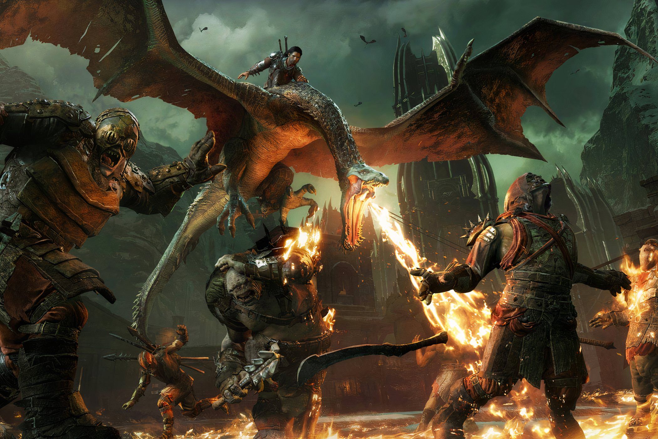 Middle-Earth Shadow of War talion riding a drake and burning orcs on the ground.