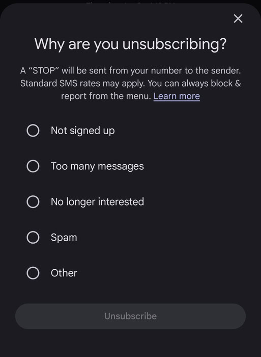 Google Messages unsubscribe sheet Google Messages unsubscribe sheet