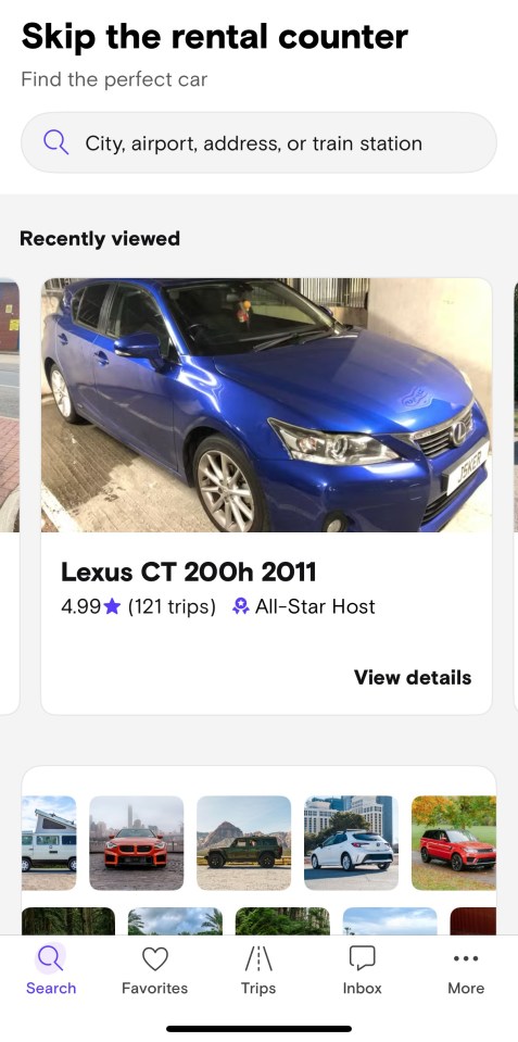 Screenshot of a car rental app showing a blue Lexus CT 200h and other recently viewed cars.