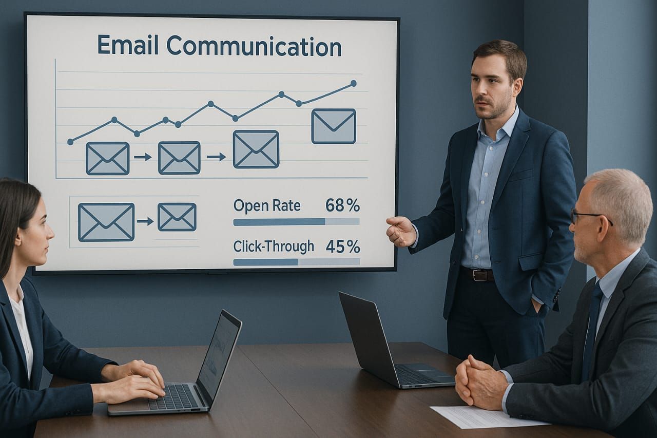 A companies presentation where people are looking at email open metrics. 