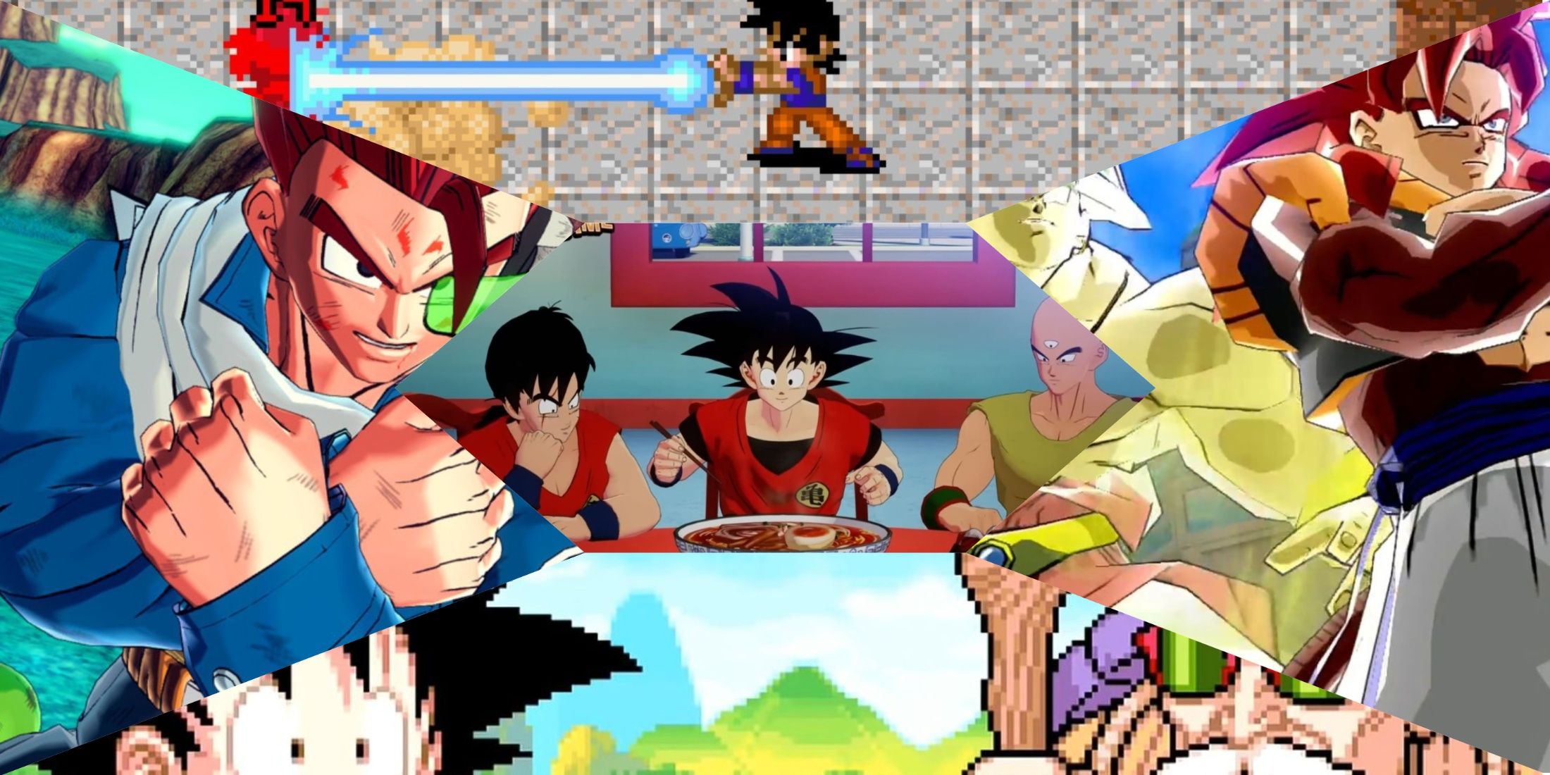 Dragon Ball Z: Kakarot, Dragon Ball Advanced Adventure, Dragon Ball Z: Legacy of Goku, Dragon Ball Z: Budokai 3, Dragon Ball Xenoverse mixed gameplay collage