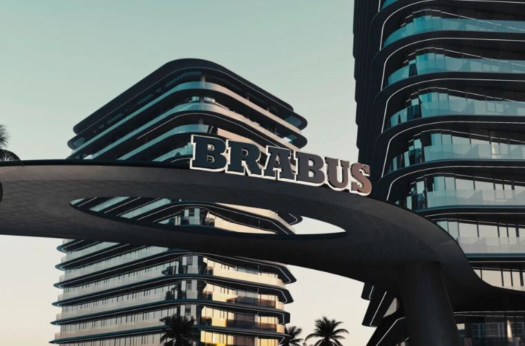 Illustration of Brabus signage over modern buildings.