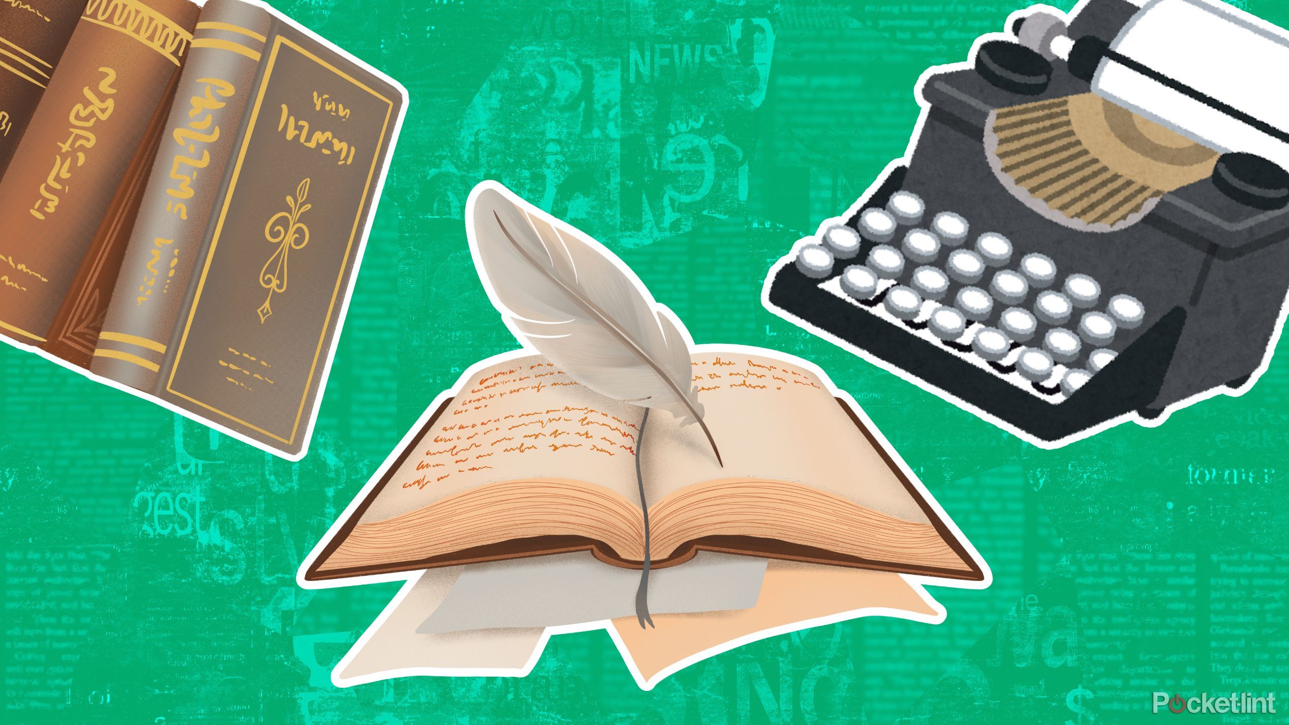 A stack of books, open book and quill, and typewriter. 