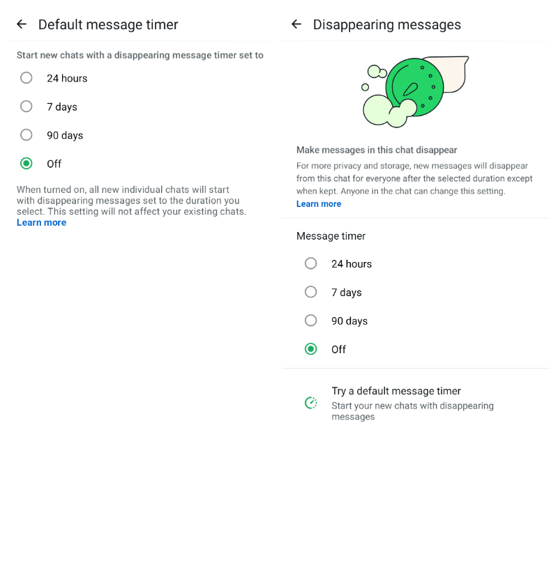 Two screenshots. Left: headed “Default message timer” with “off” selected. Right: headed “disappearing messages” with “Off” selected.