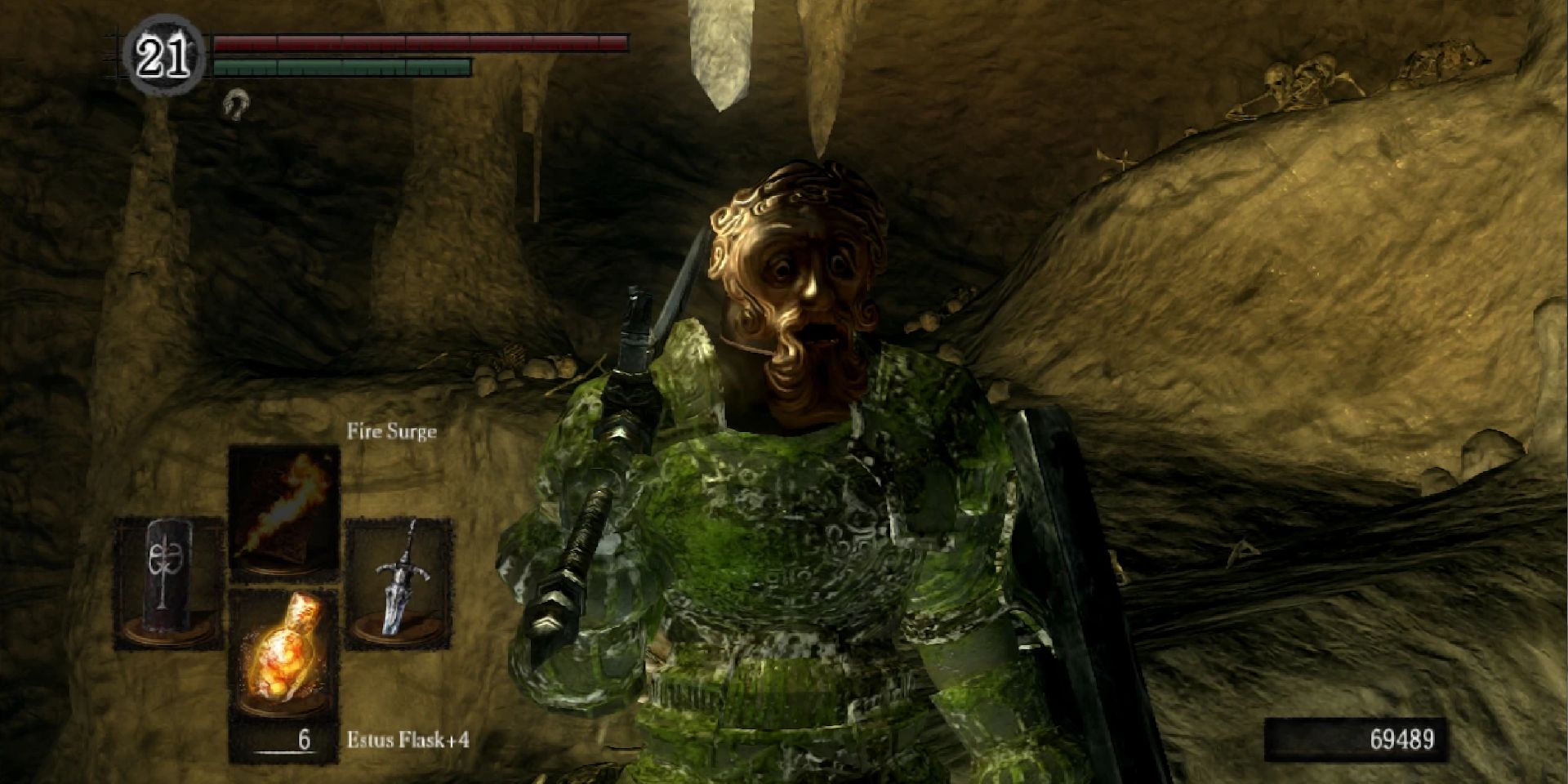 Screenshot of the player wearing the Mask of the Father in Dark Souls, taken from the Fandom Wiki.