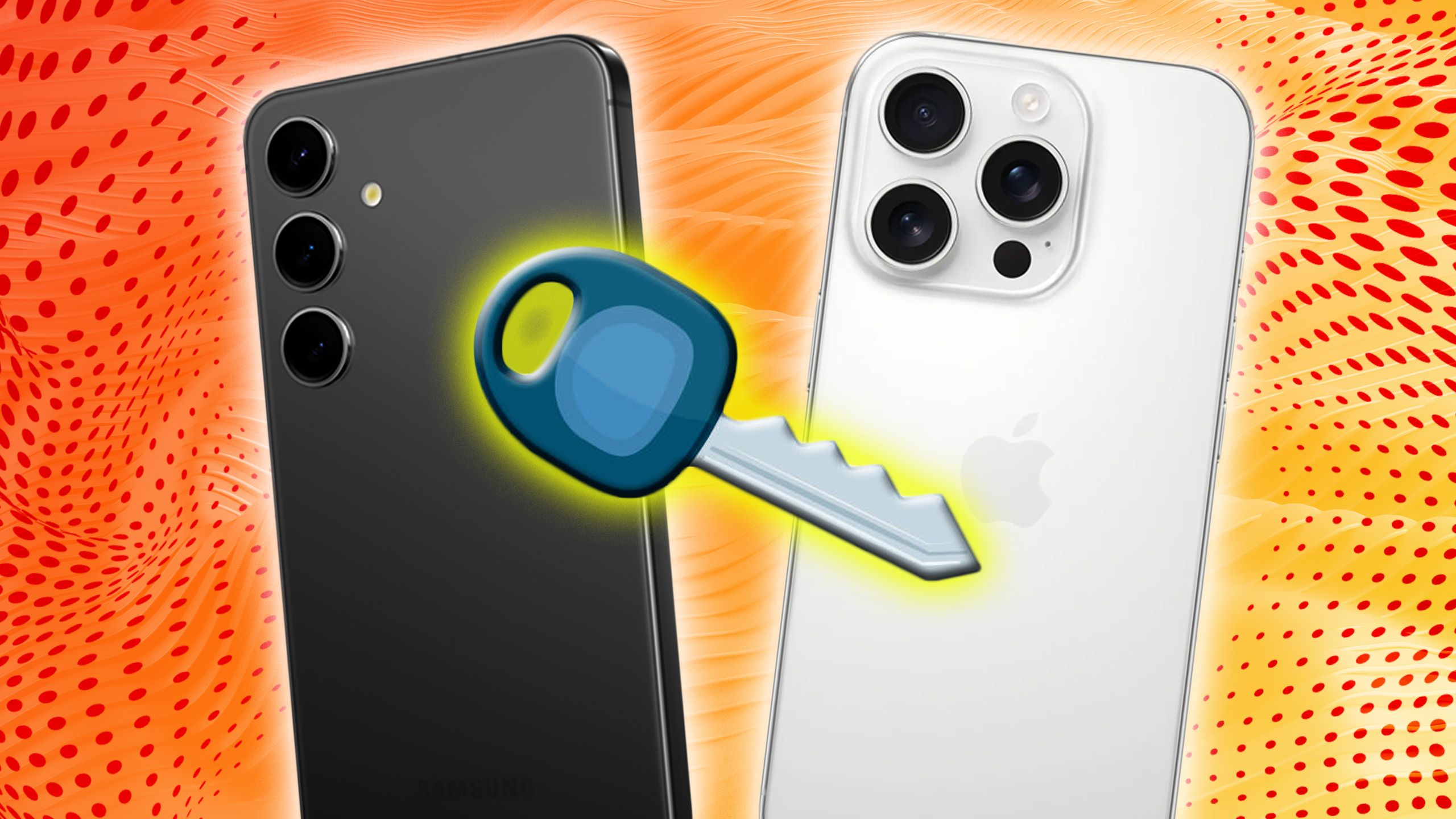 A Samsung phone and iPhone side by side with a key overlayed.