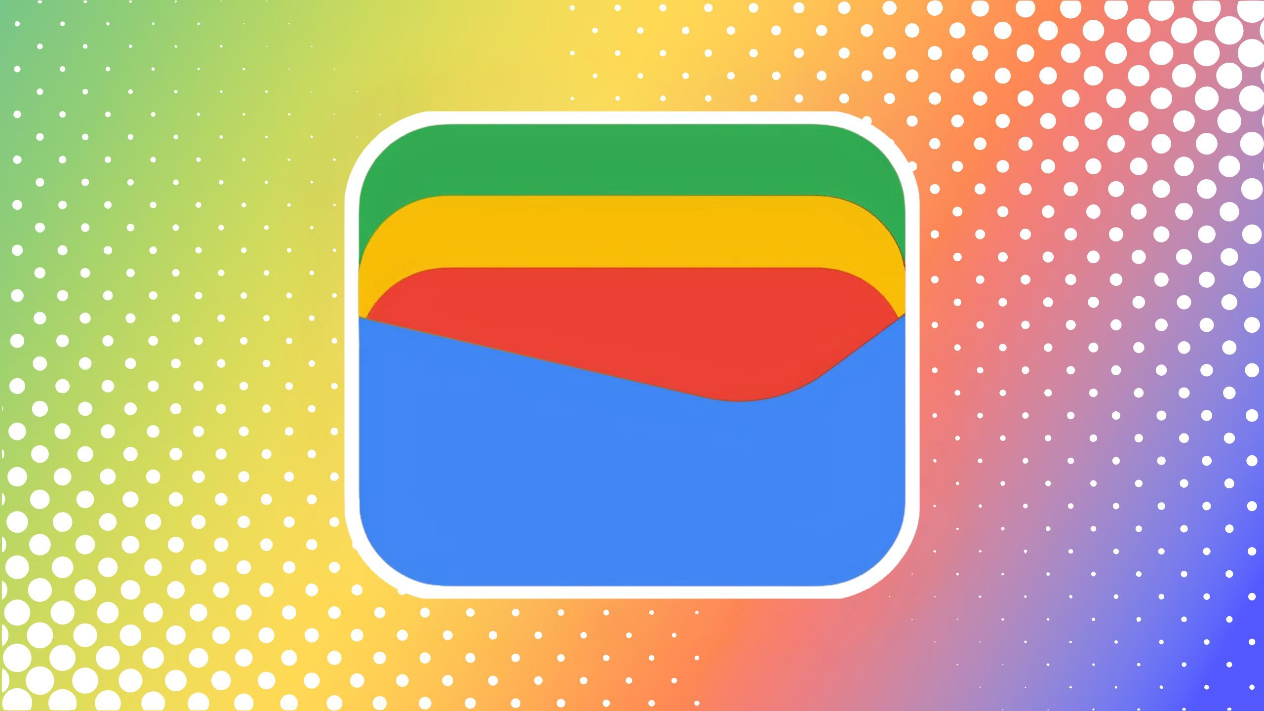 Google Wallet logo against a rainbow gradient background.