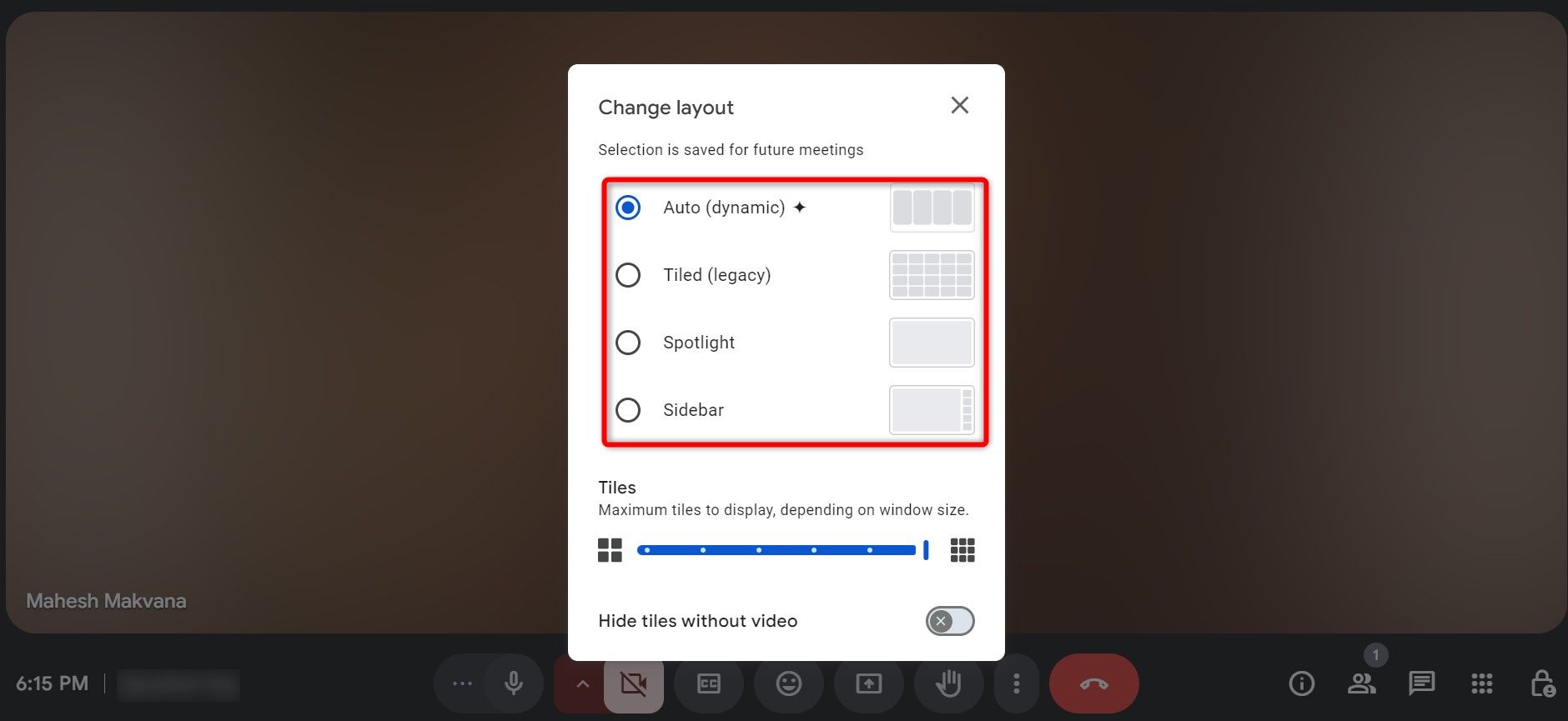 Layout options highlighted on Google Meet.