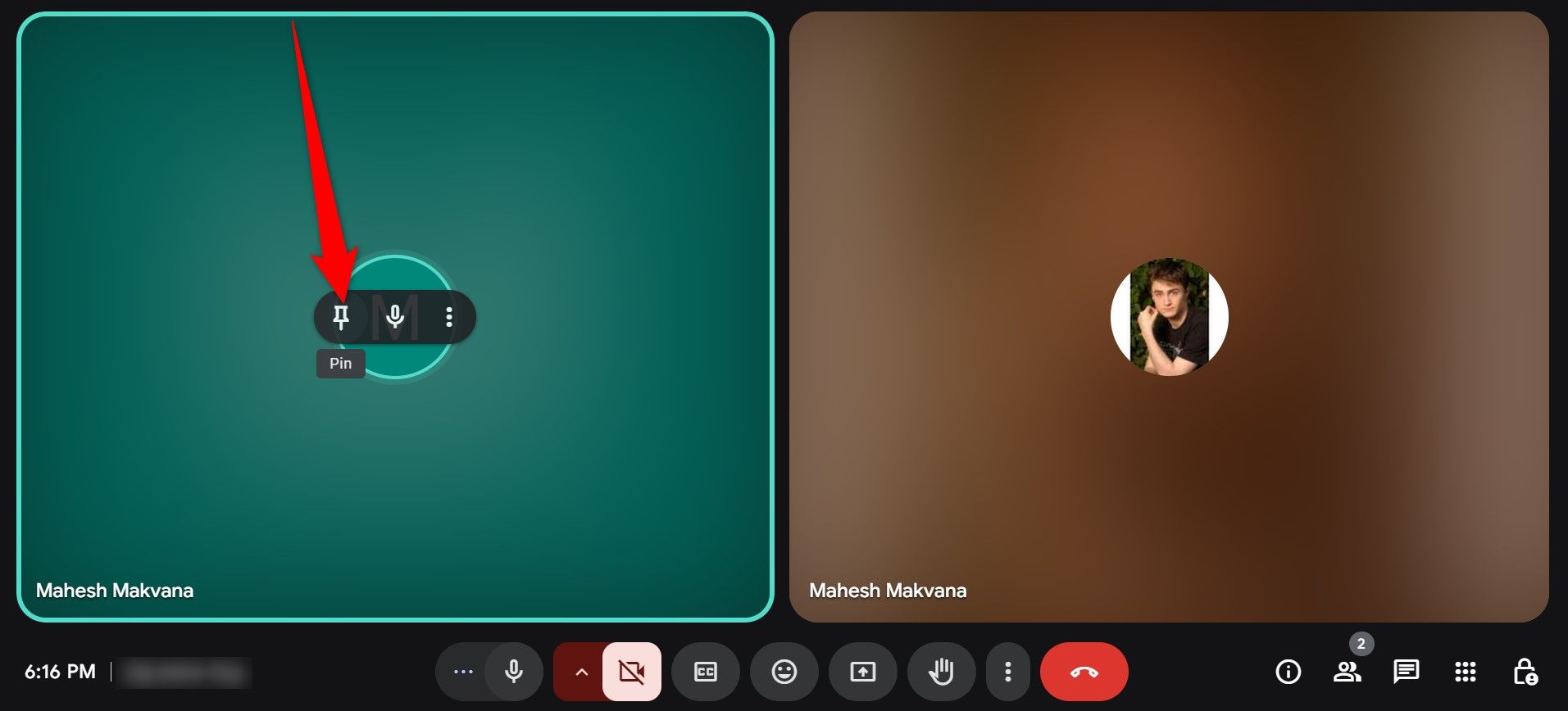 "Pin" highlighted for a speaker on Google Meet.