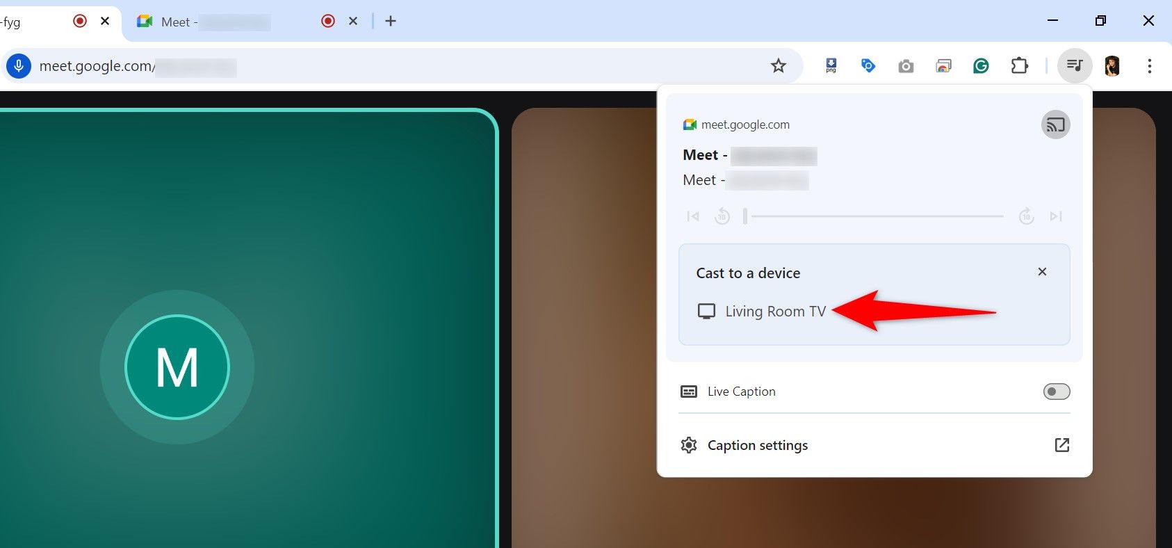 A casting device highlighted in Google Meet.