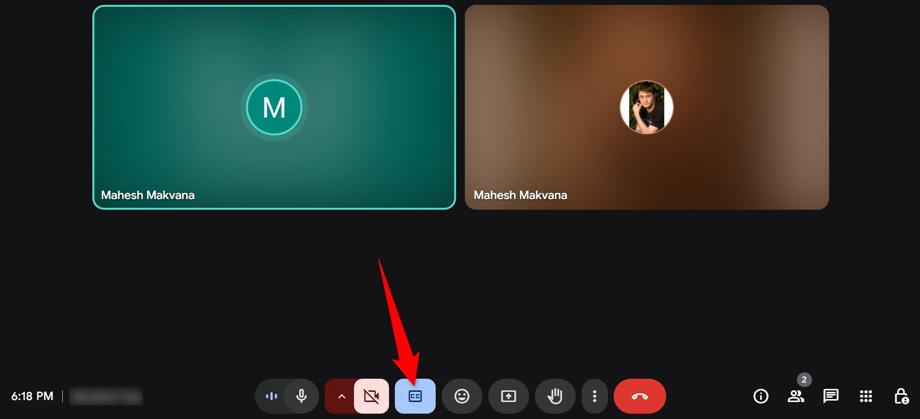 The CC icon highlighted on Google Meet.