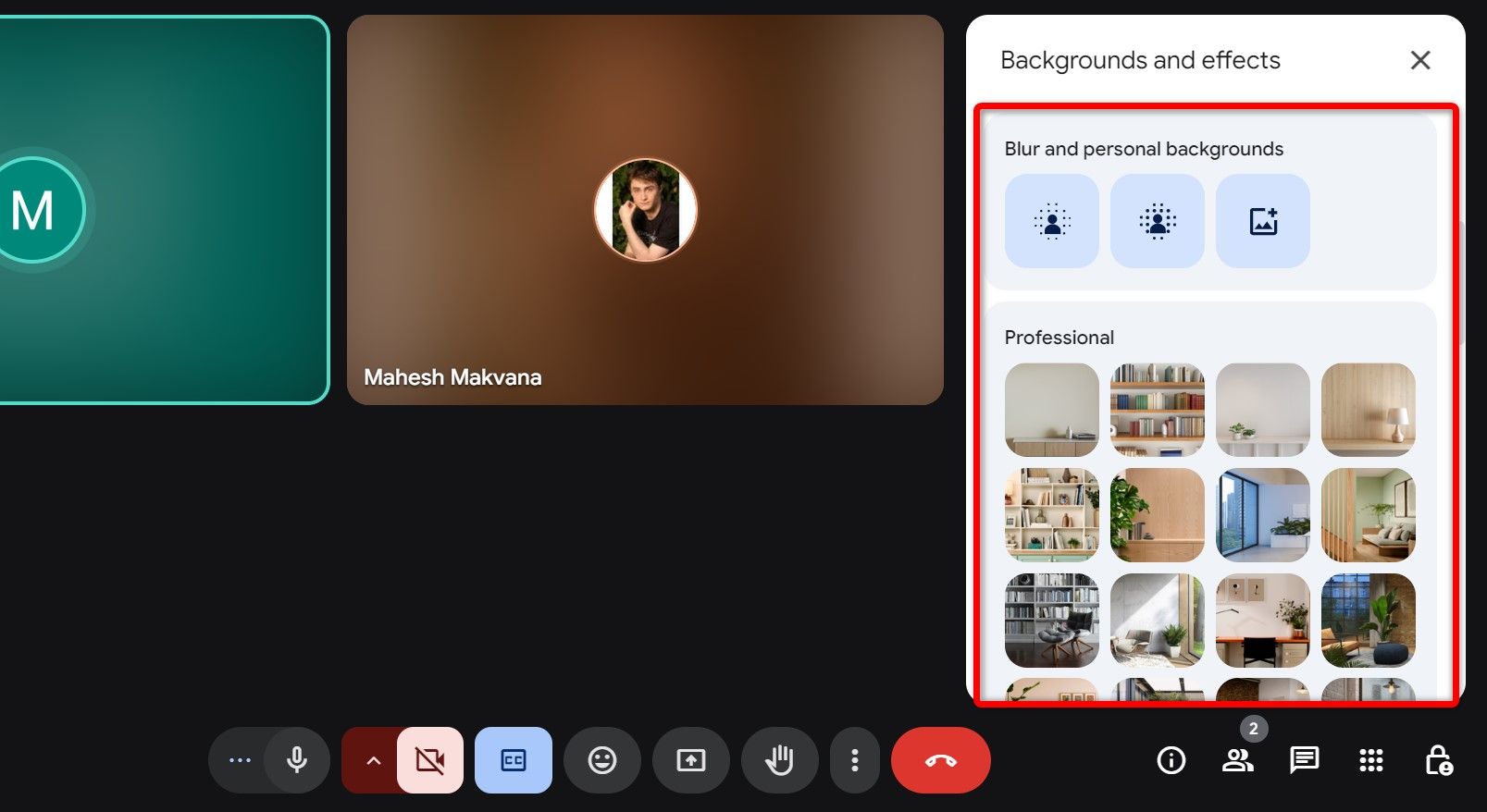 Blur and other options highlighted on Google Meet.