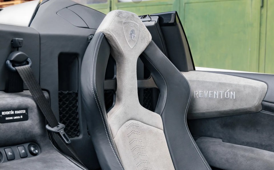 Grey Alcantara interior of a Lamborghini Reventón Roadster.