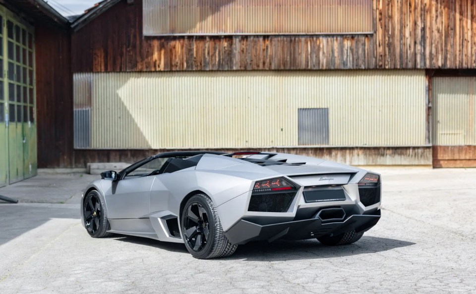 Rear view of a silver Lamborghini Reventón Roadster.