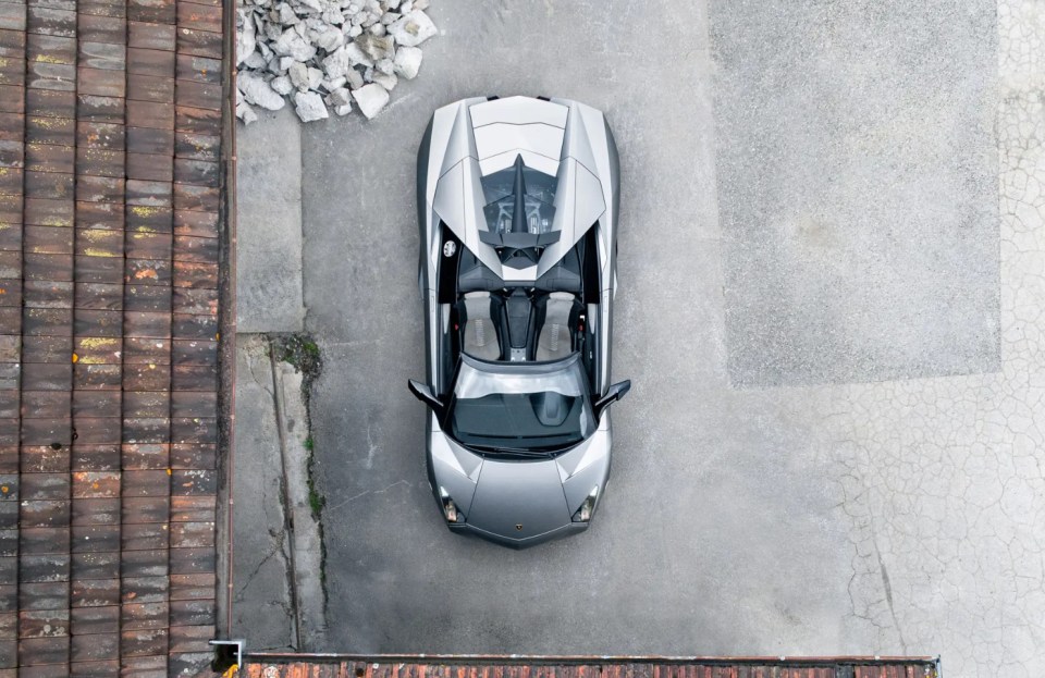 Overhead view of a silver Lamborghini Reventón Roadster.