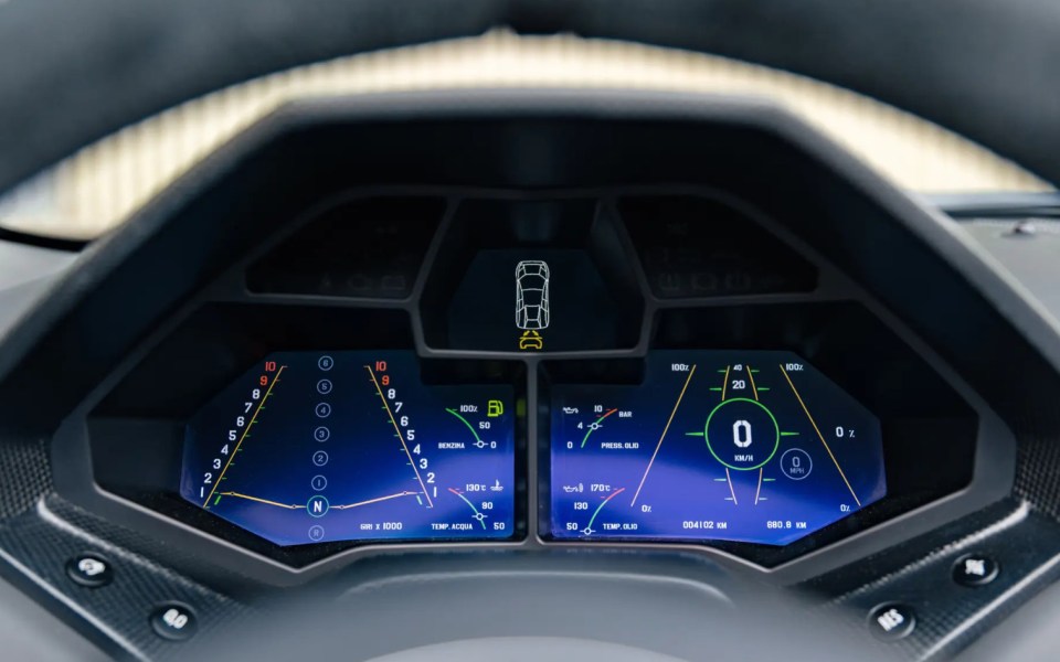 Close-up of a Lamborghini Reventón Roadster's digital instrument panel.