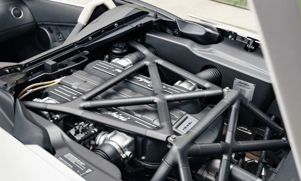 Close-up of a Lamborghini Reventón Roadster's 6.5-liter V-12 engine.
