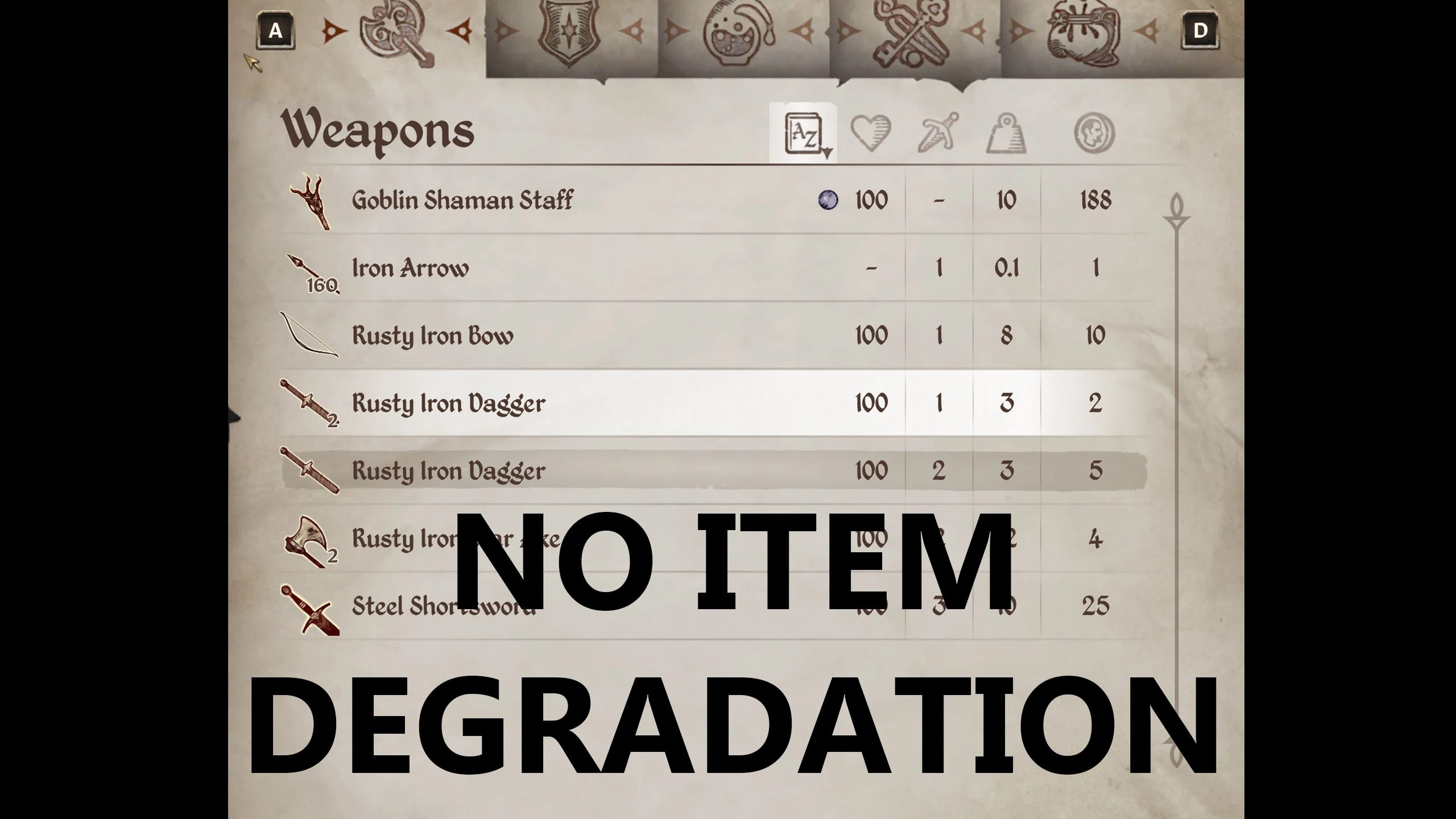 A weapon inventory screen in oblivion.