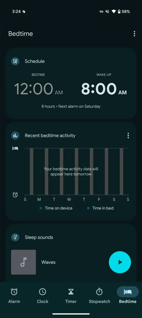 Google Clock Material You current UI bedtime 1