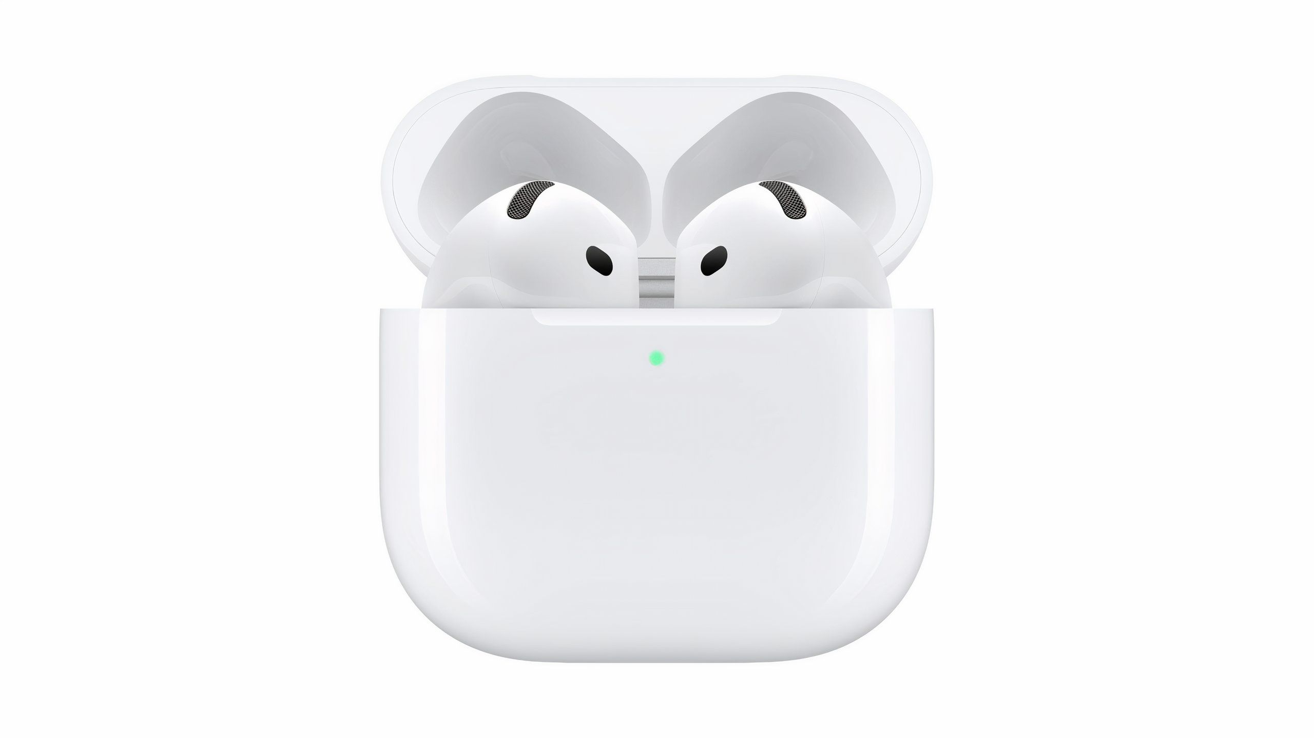 A white pair of AirPods 4 in their charging case.