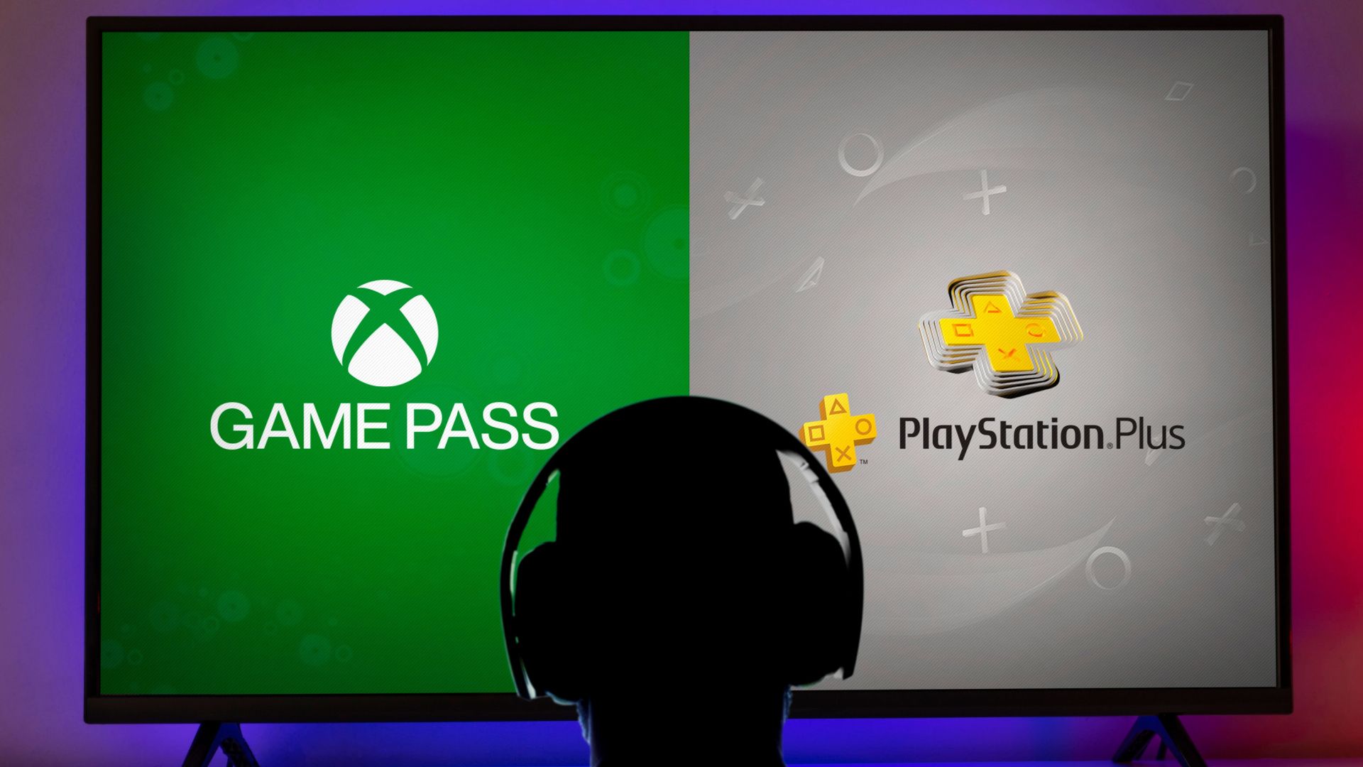 Silhouetted person looking at Xbox Game Pass and PlayStation Plus logos on a large TV screen.