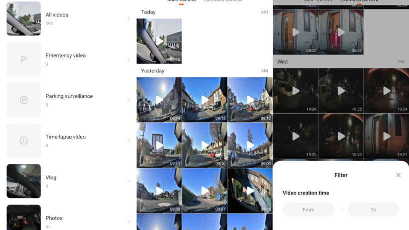 Android screenshot collage showing the clip library for front and rear cameras