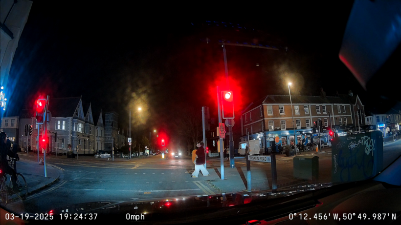 Night still frame from the front camera, showing excellent exposure and detail