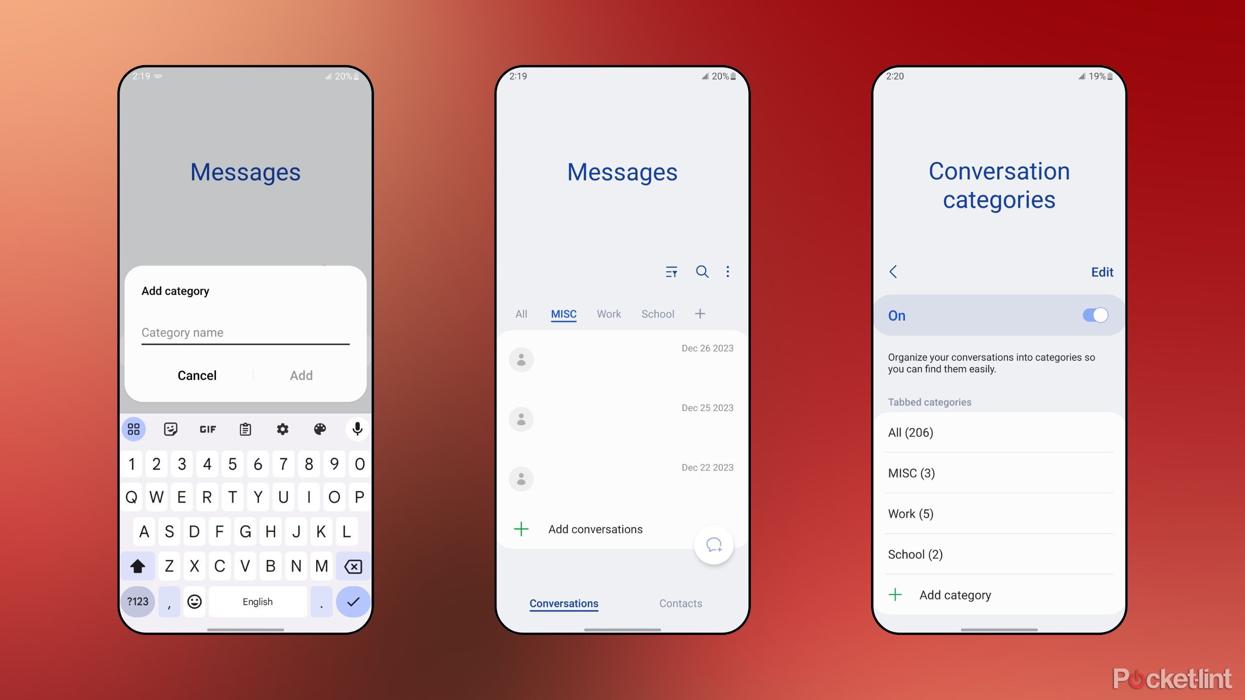 Samsung Messages Conversation categories screenshots