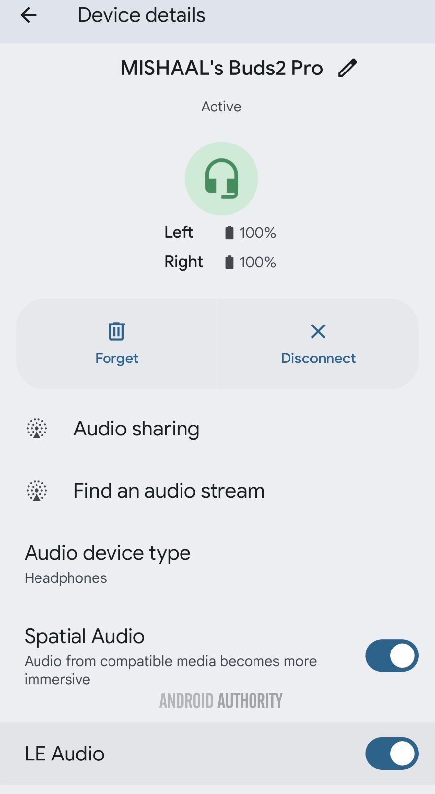 Bluetooth device details page for LE Audio capable earbuds Bluetooth device details page for LE Audio capable earbuds