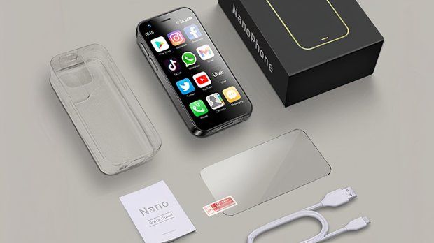 nanophone on beighh background with box and contents