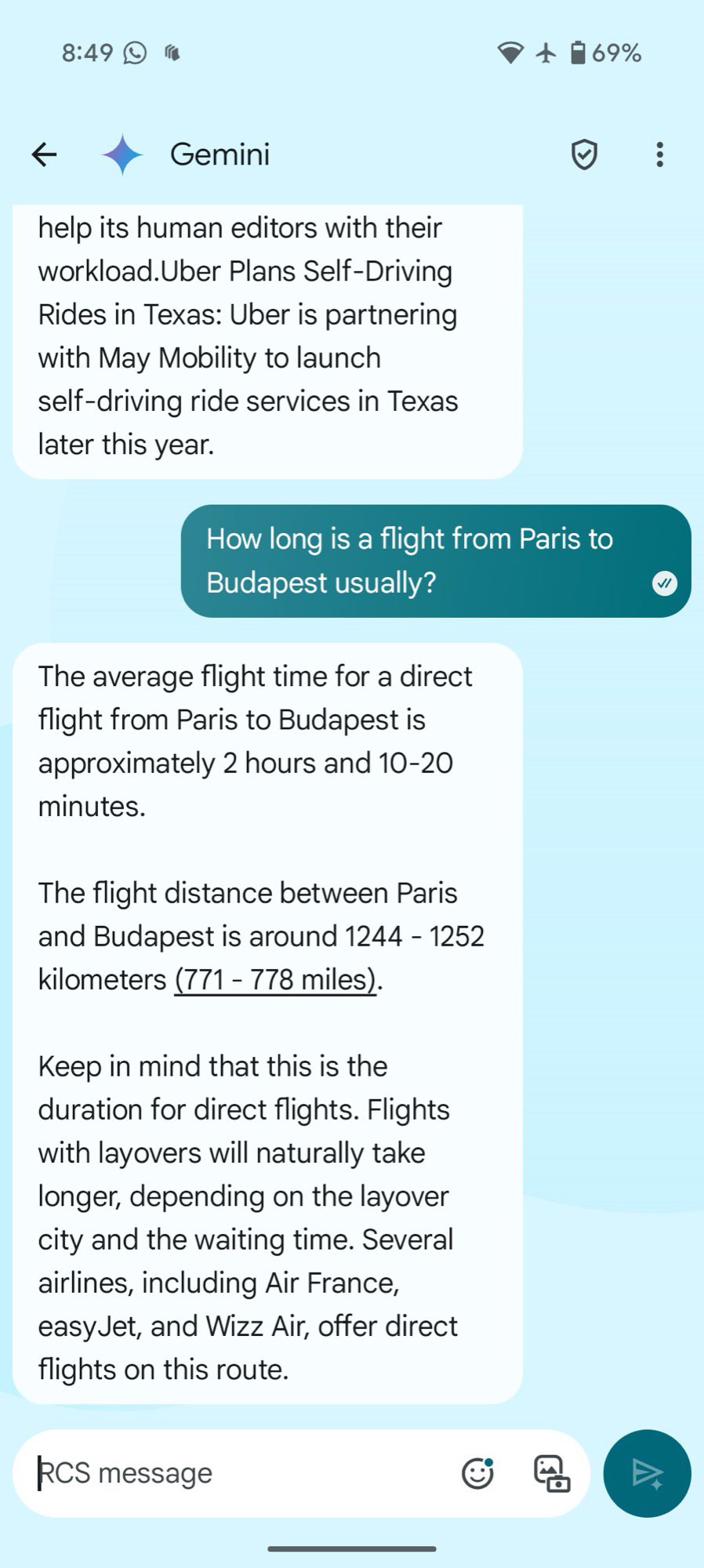 gemini in google messages flight questions duration bad format