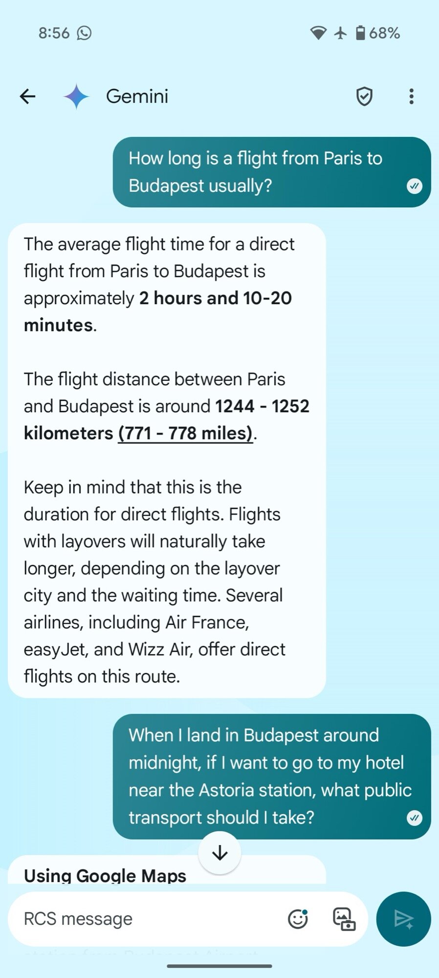 gemini in google messages flight questions duration