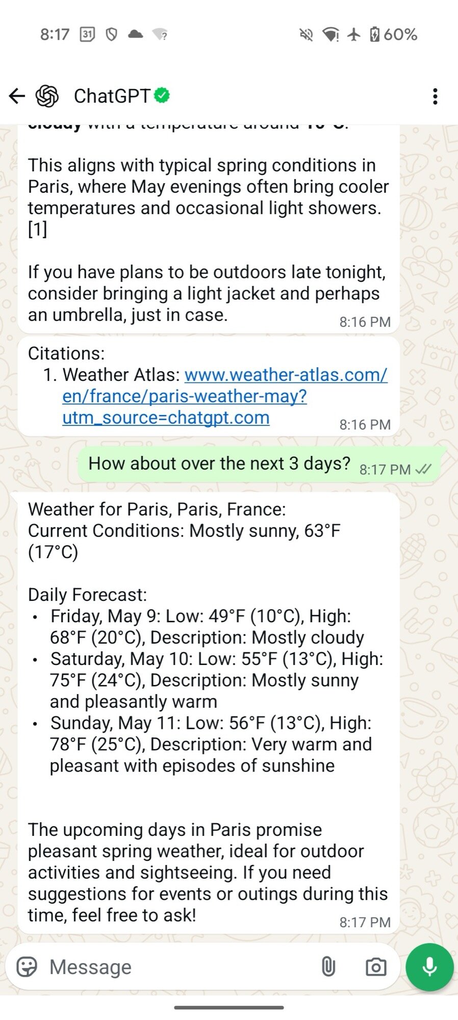 chatgpt in whatsapp weather