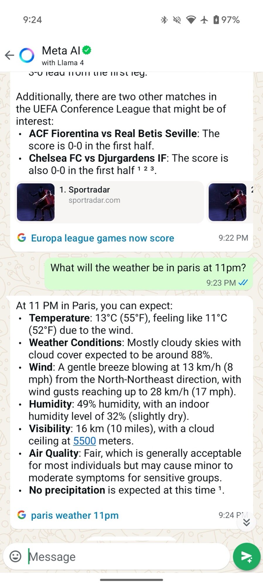meta ai in whatsapp weather
