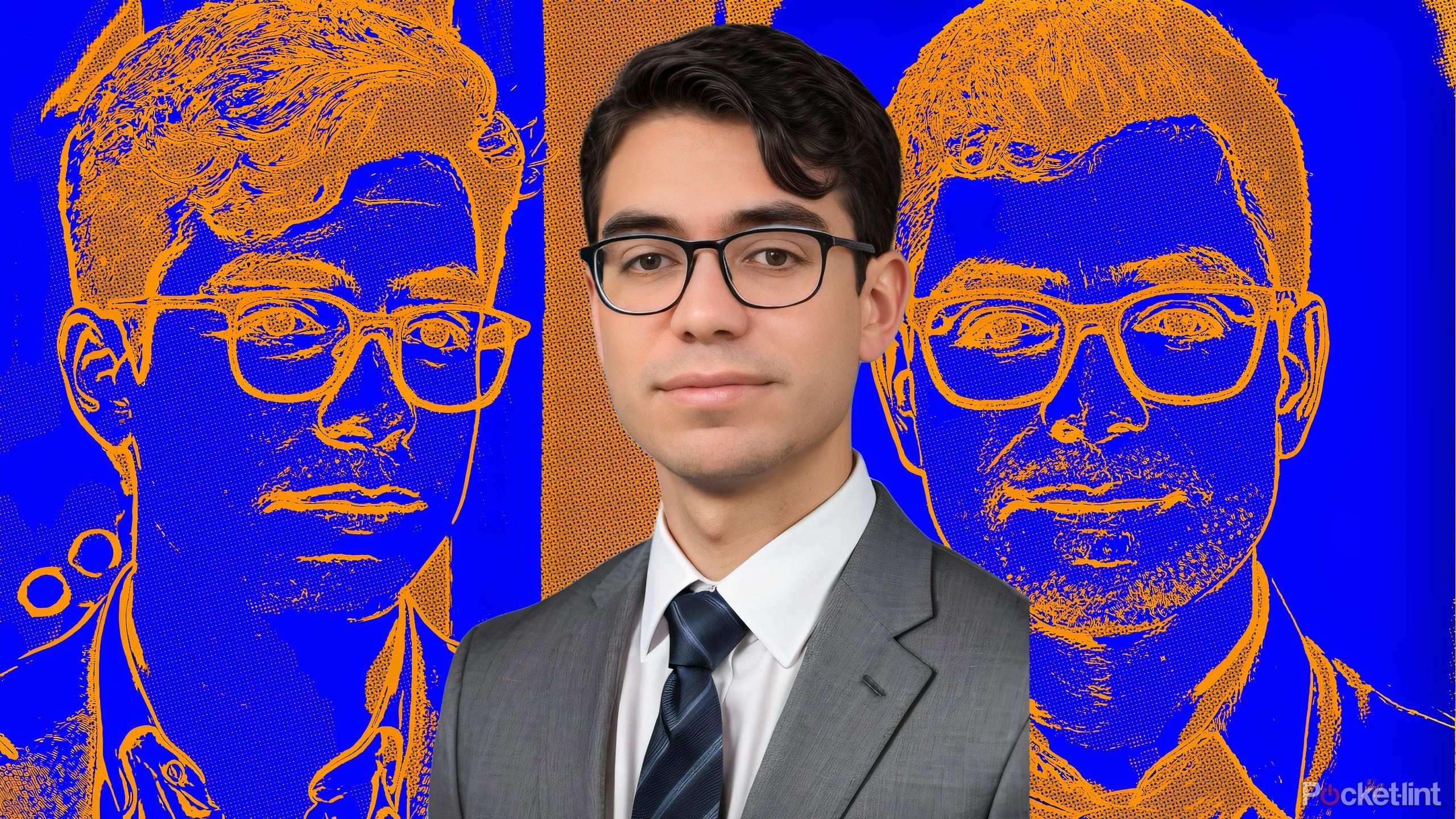 An AI-generated LinkedIn headshot over a multicolored background.