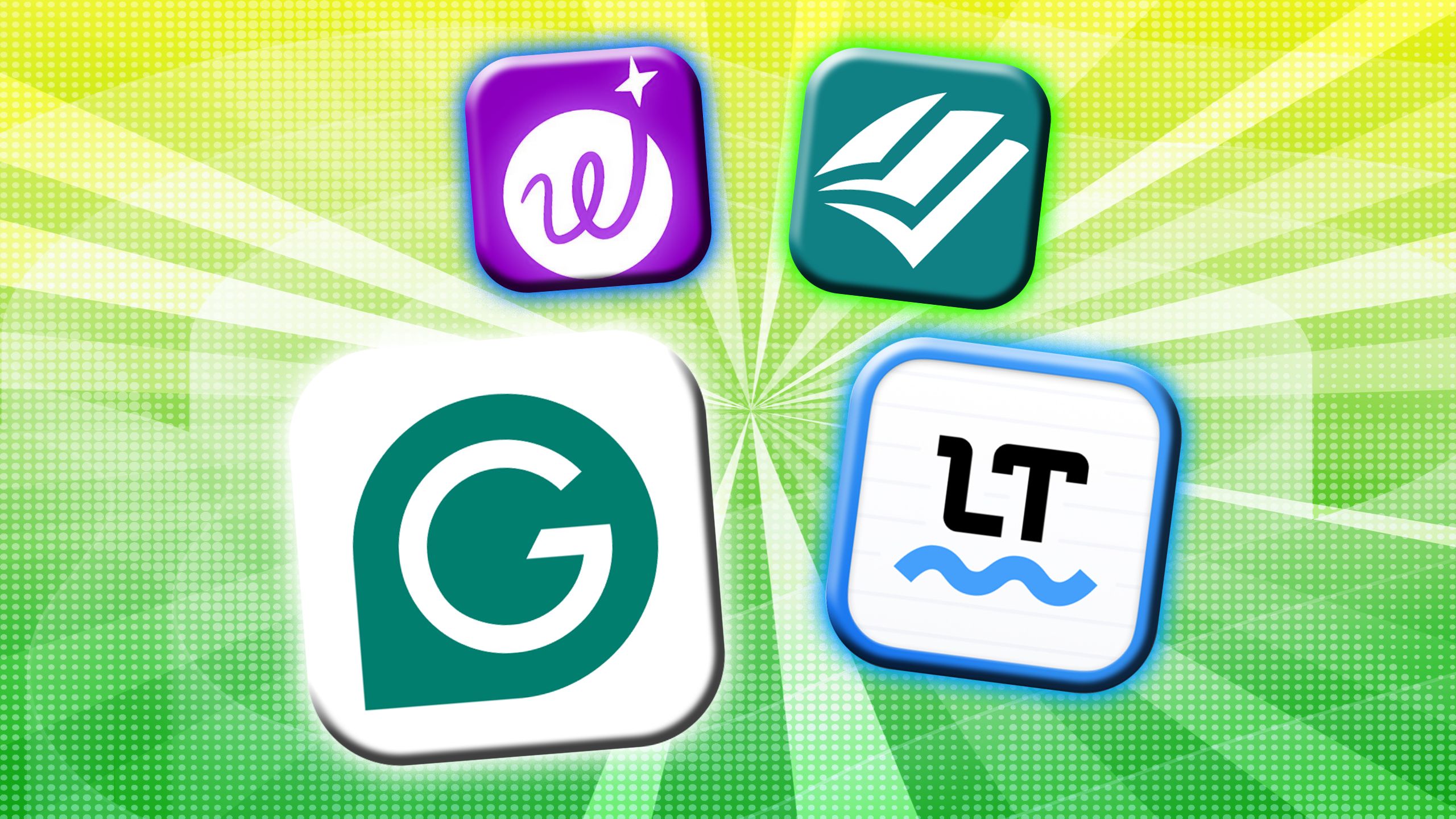 Four app icons on a bright green background.