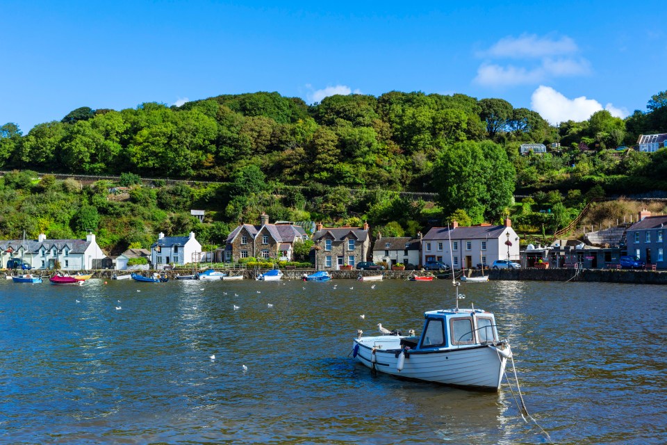 Small boat in harbor with village houses and green hillside in background.