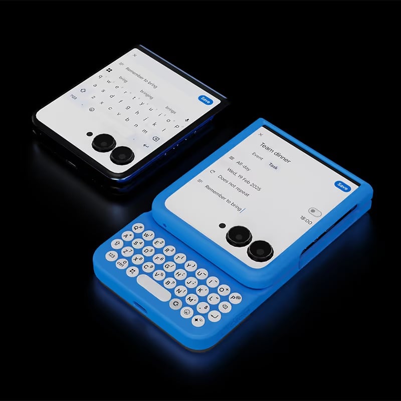 Two flip phones in black and blue keyboard cases with black background