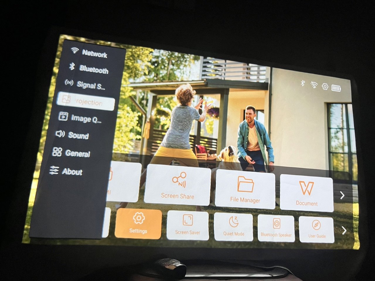 Yaber OS home screen projected in dark room