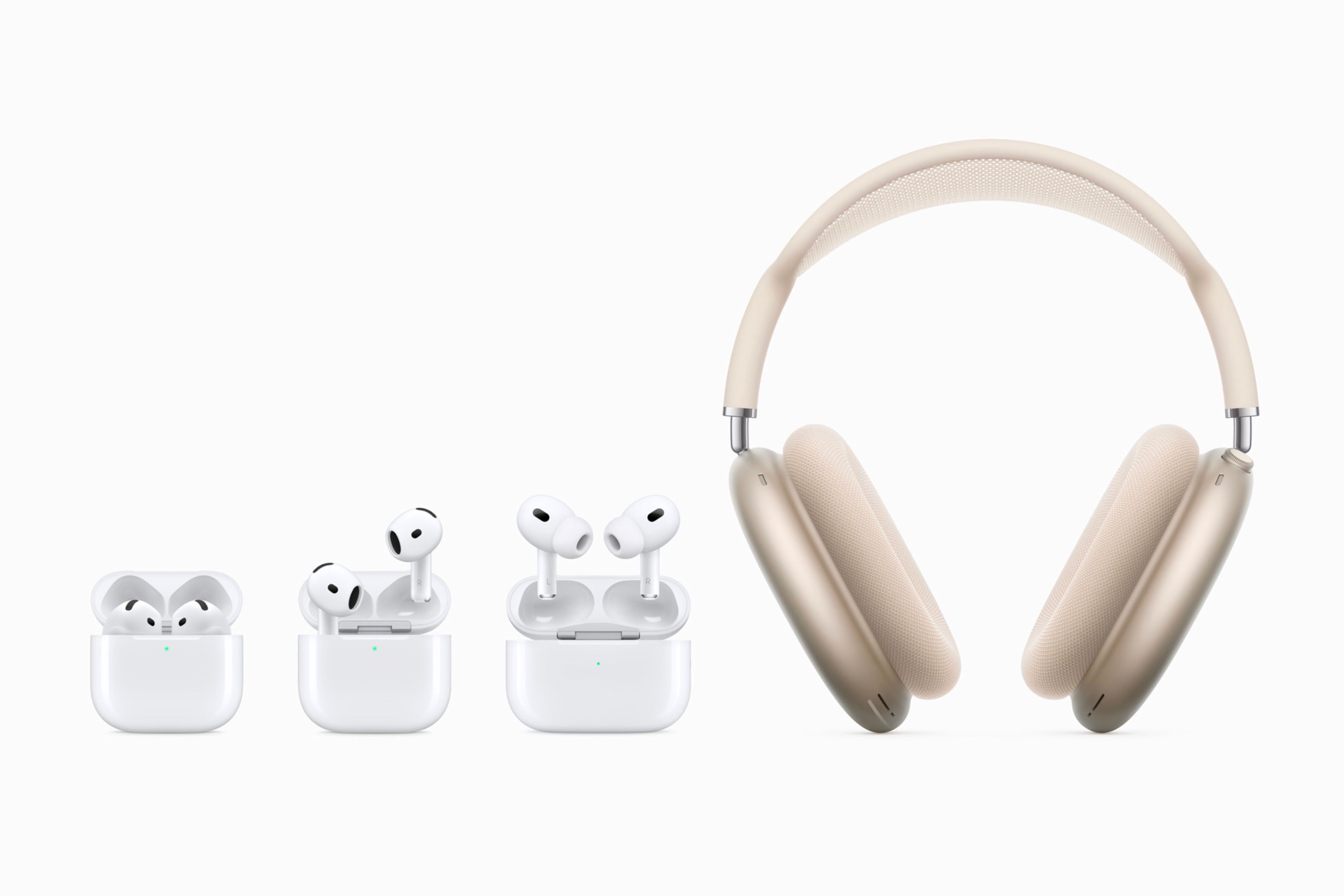 Different AirPods models, from the entry level to the Max.