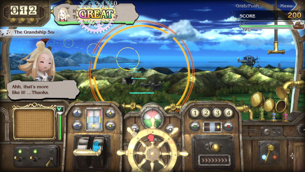 A ship is shown from its cockpit in a Bravely Default: Flying Fairy HD Remaster minigame.